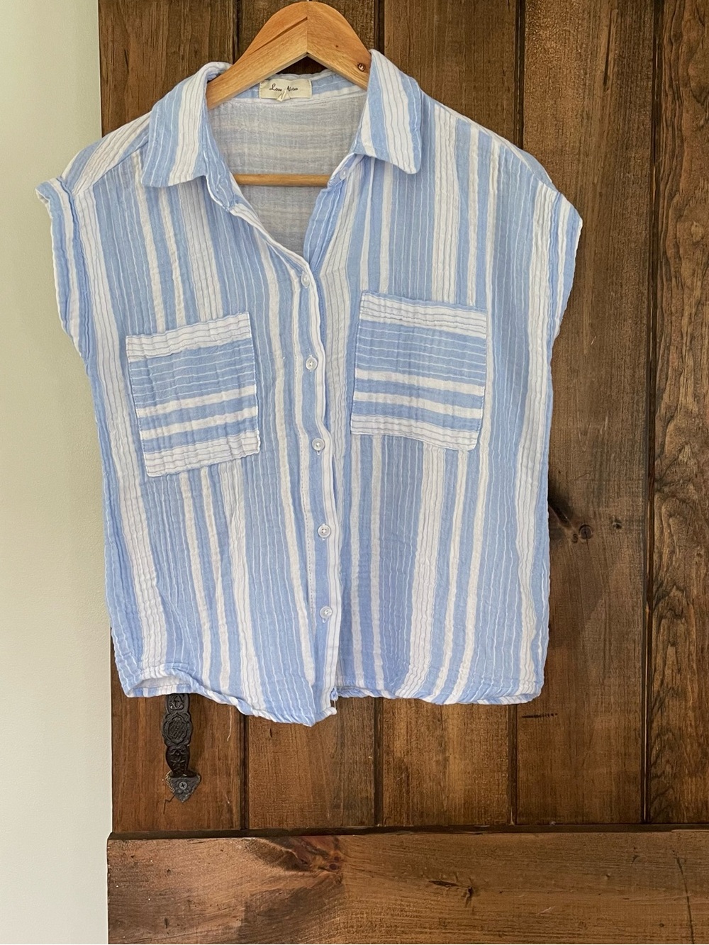 Love Notes Blue & White Mixed Stripe Cotton Gauze Button Up Top Small